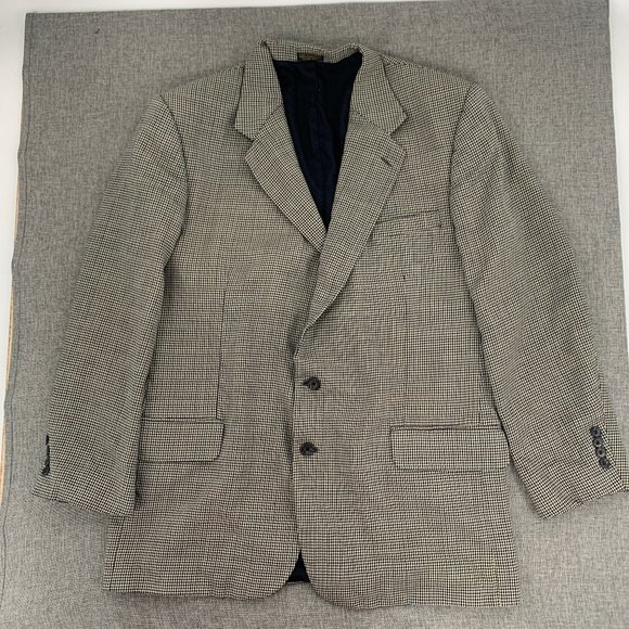 Vintage Mens Oscar de la Renta Blazer Houndstooth 46L 100%‎ Wool Line Ivory Navy - Picture 1 of 16